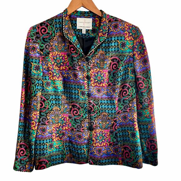 Adrianna Papell VTG Vibrant Jewel Tone Multicolor 100% Silk Print Blazer Sz 14P - Picture 1 of 7